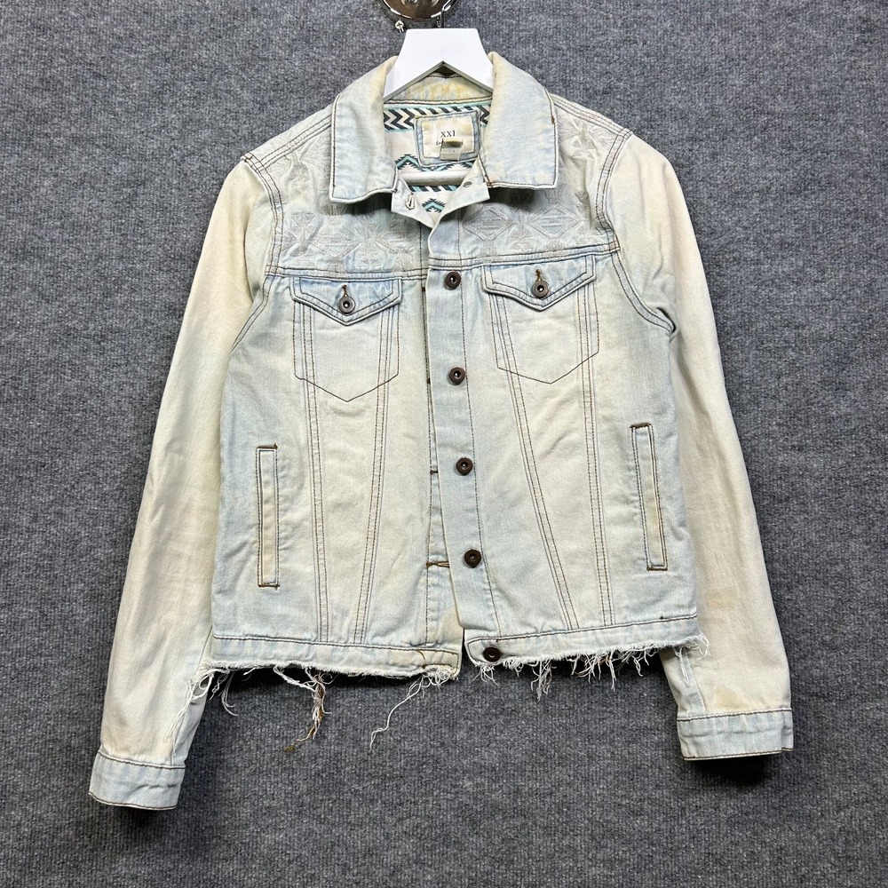 Forever 21 Denim Trucker Jacket Women S Blue Good Western Frayed Embroidered